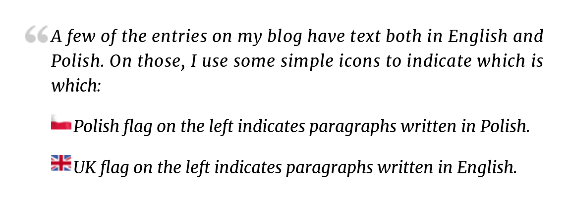 Example block quote with a quote icon and two paragraphs with flags