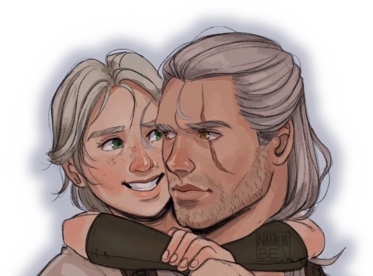 Geralt carrying young Ciri on his shoulders.