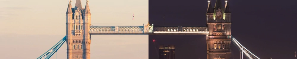 Split view of Tower Bridge during the day and at night.